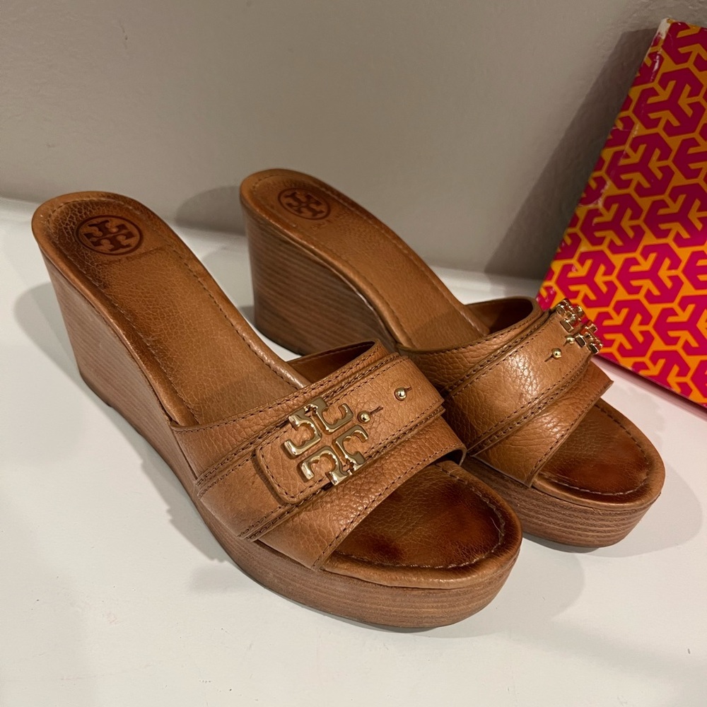 Tory Burch Elina leather wedge sandal slide sz 11 Royal Tan